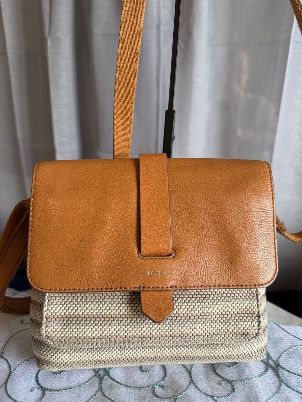 Fossil Tan Leather & Woven Crossbody